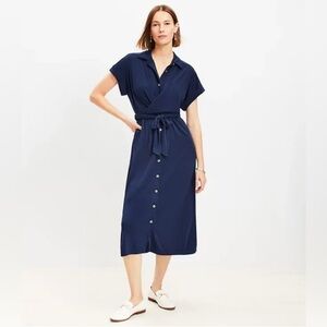 NWT LOFT Tie Front Midi Shirtdress Navy Blue